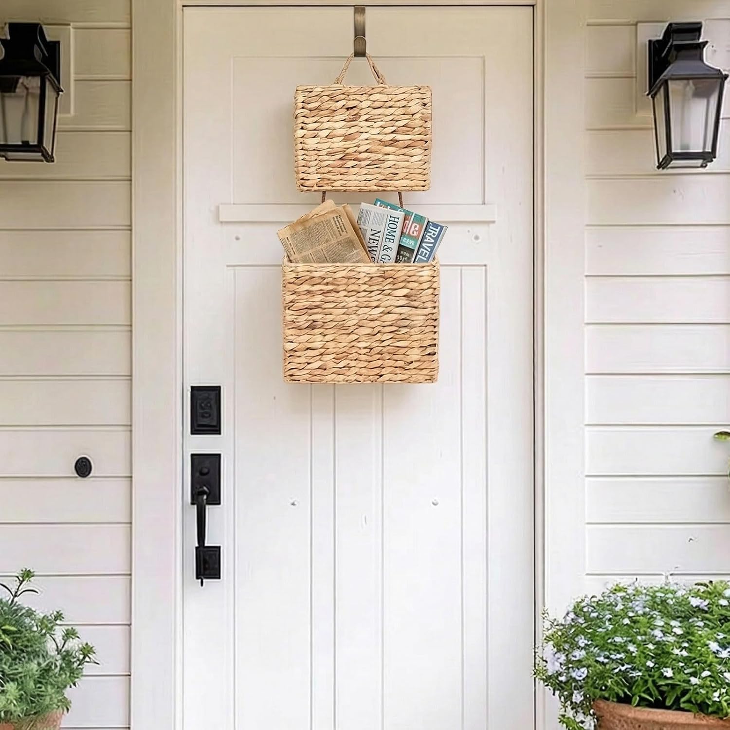 Woven Water Hyacinth Hanging Basket 2-Tiered Storage Baskets Over the Door Organizer / Rectangular