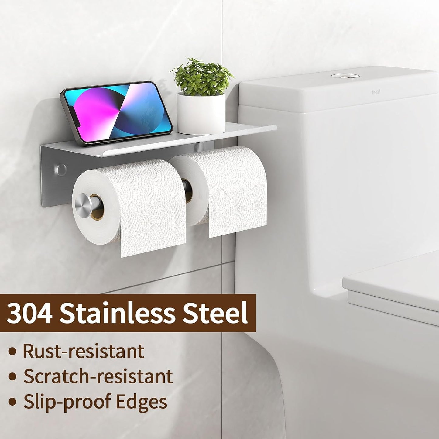 Toilet Paper Holder with Shelf, Double Roll Holder, Brushed Nickel | 304 Stainless Steel, Wall Mounted, Anti-Drop