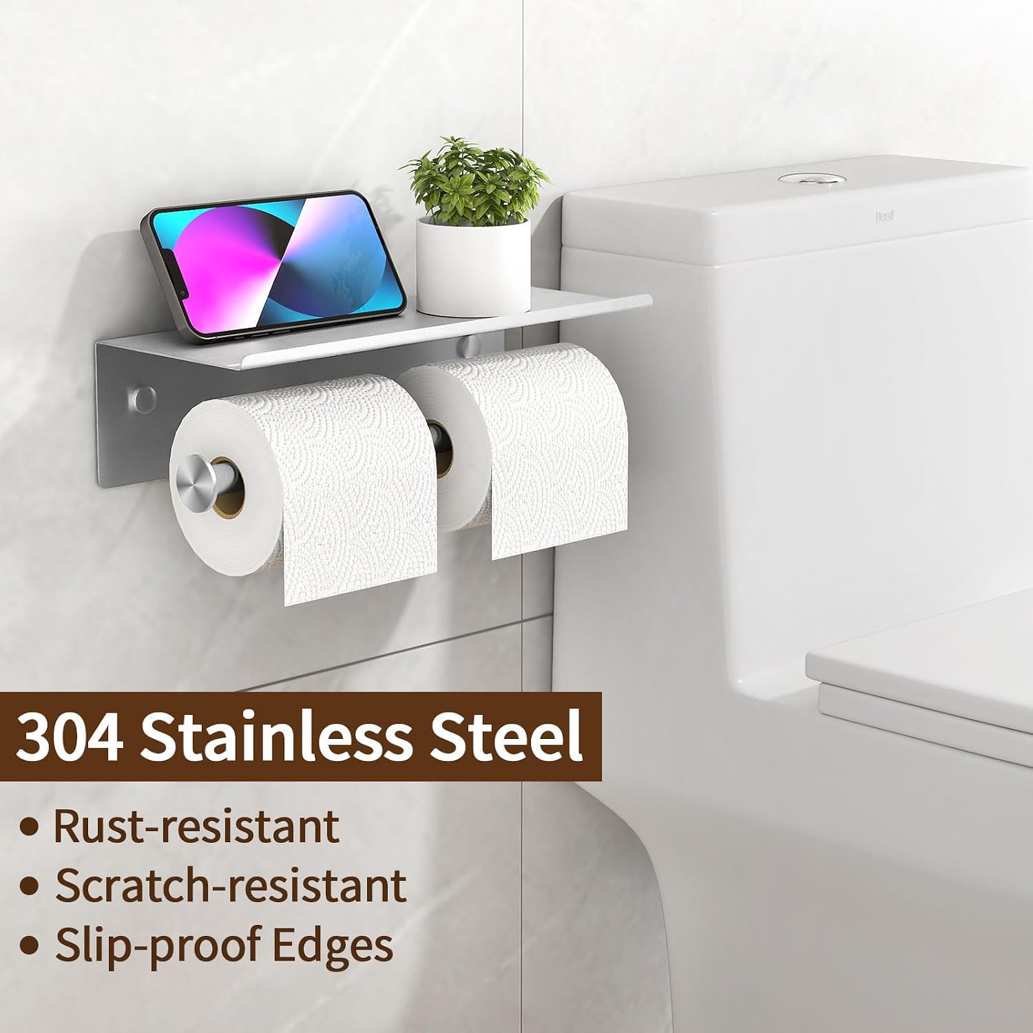 Toilet Paper Holder with Shelf, Double Roll Holder, Brushed Nickel | 304 Stainless Steel, Wall Mounted, Anti-Drop
