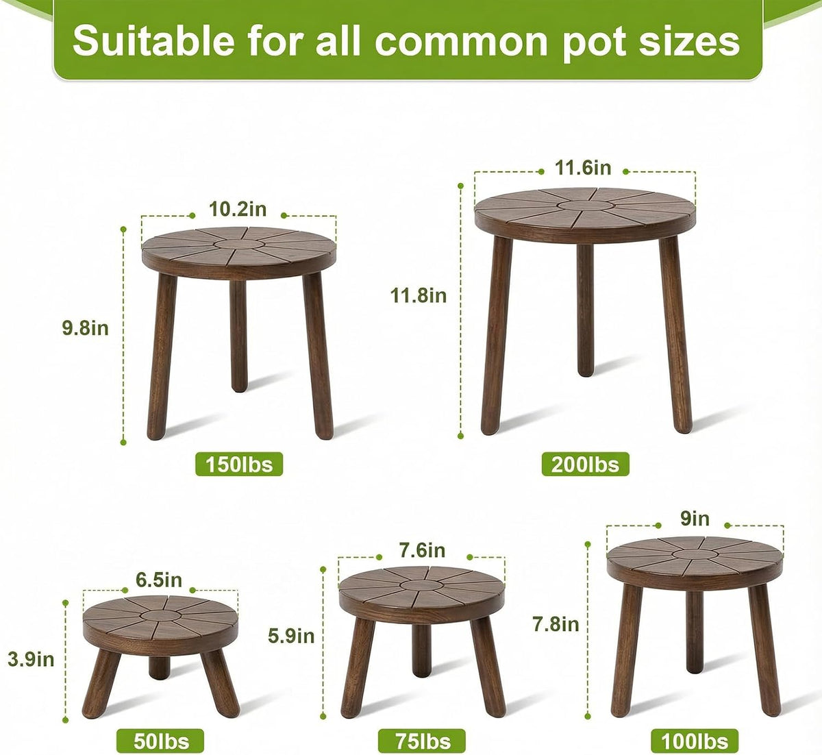 Wood Plant Stands 5-Pack Indoor, Plant Stool, Dark Brown | Premium carbonized pine with moisture-resistant, burr-free