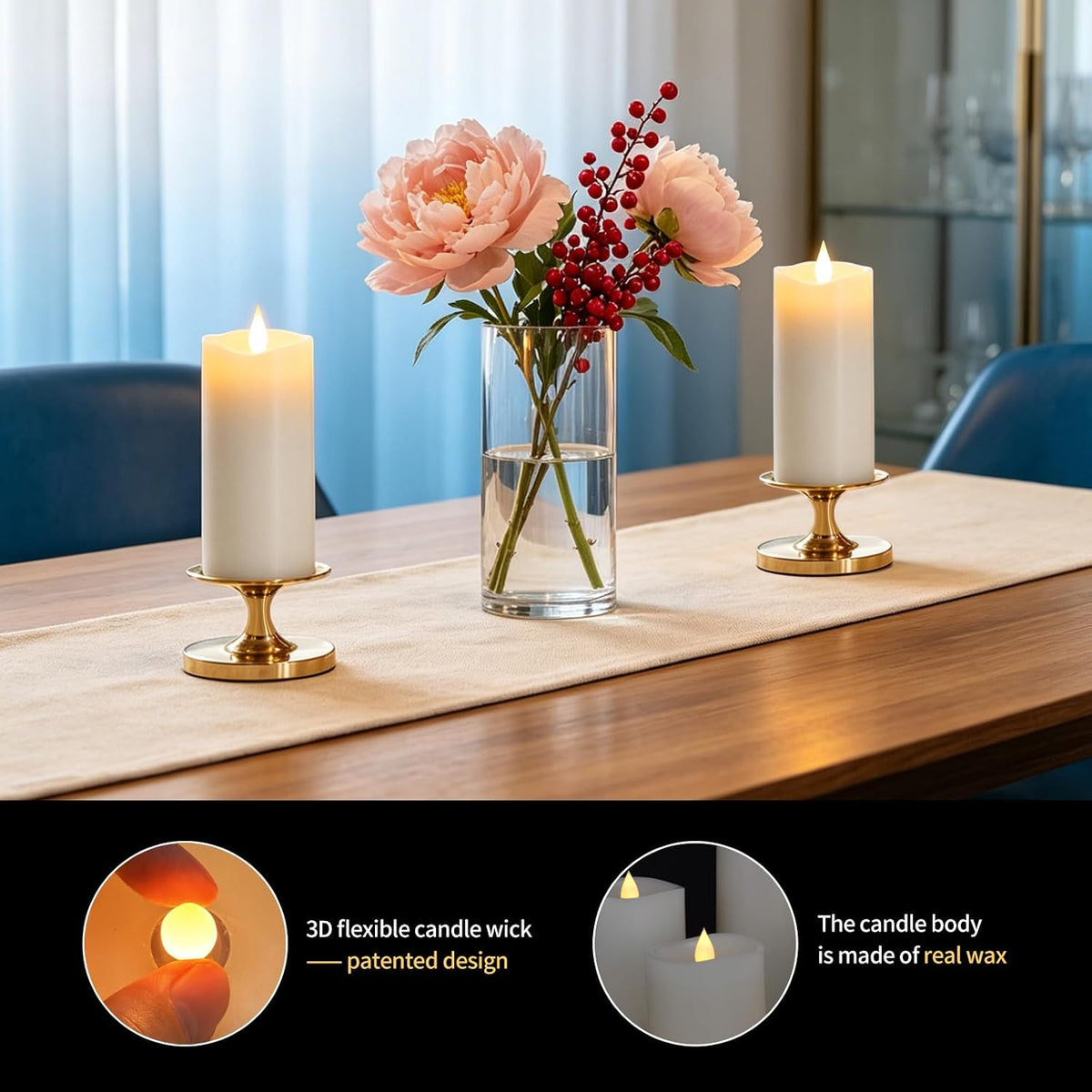 Flameless LED Candles 3"x7" Set of 2, Battery Operated with Remote & Timer, 600-Hour on 2 AA Batteries, Flickering