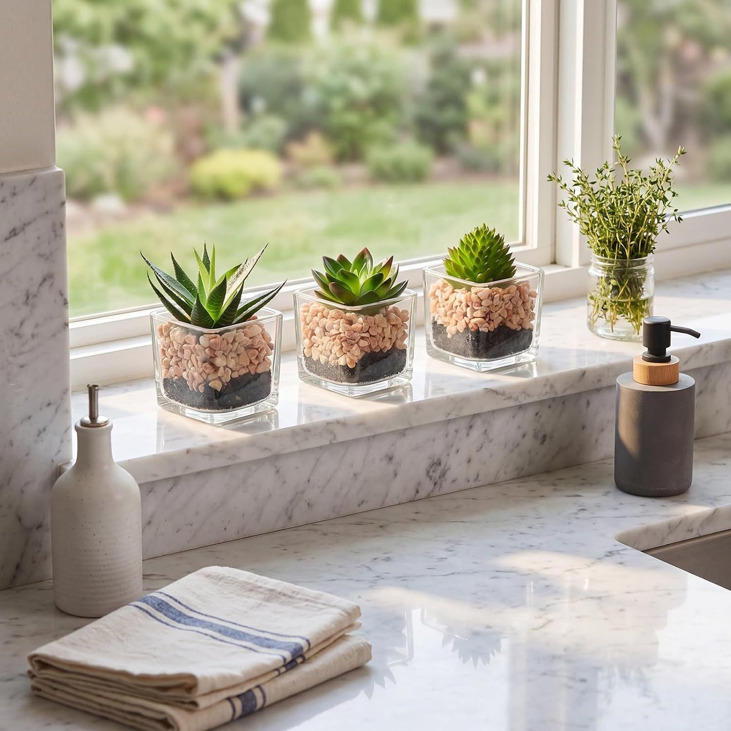 Succulents Plants Artificial in Glass Pots Small Fake Succulents Plants / Succulents #01 / Set of 3