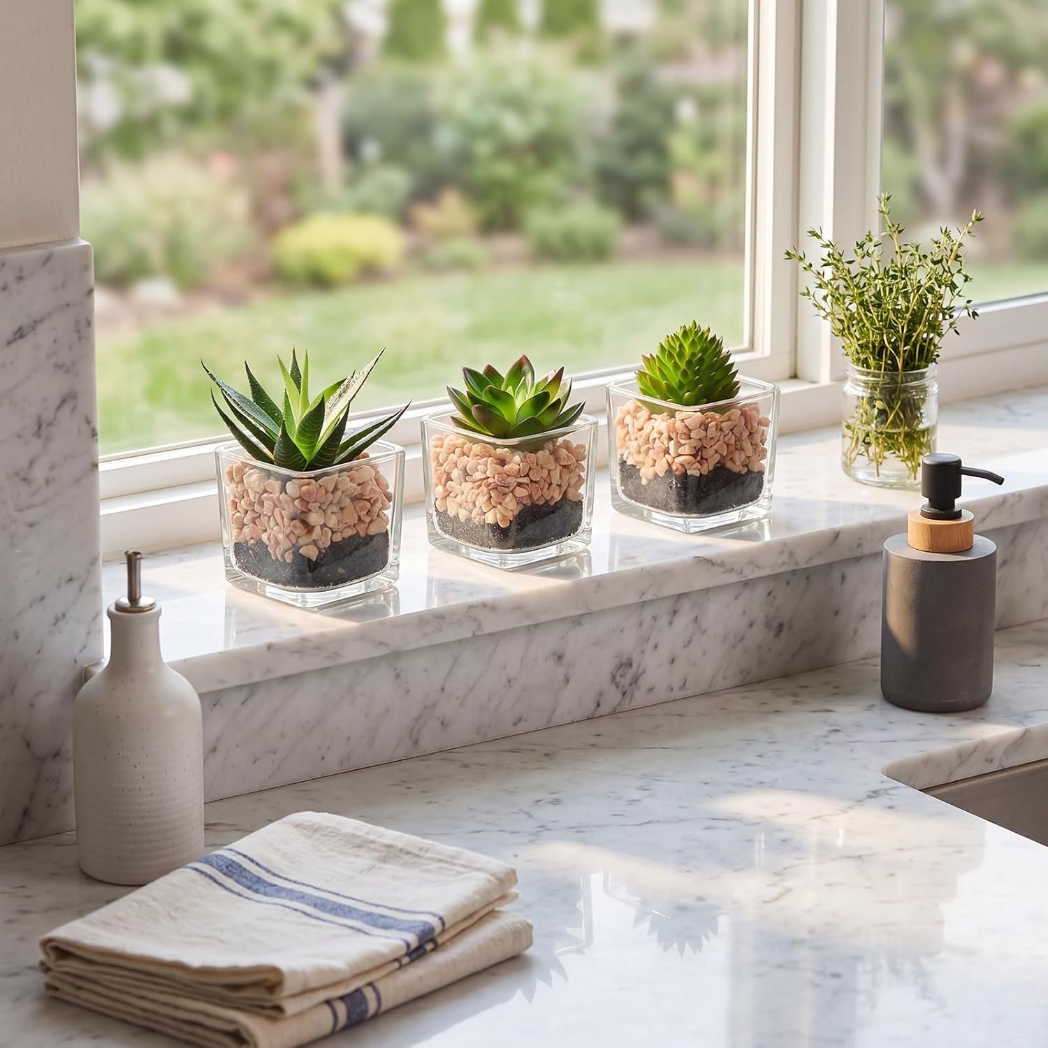 Succulents Plants Artificial in Glass Pots Small Fake Succulents Plants / Succulents #01 / Set of 3