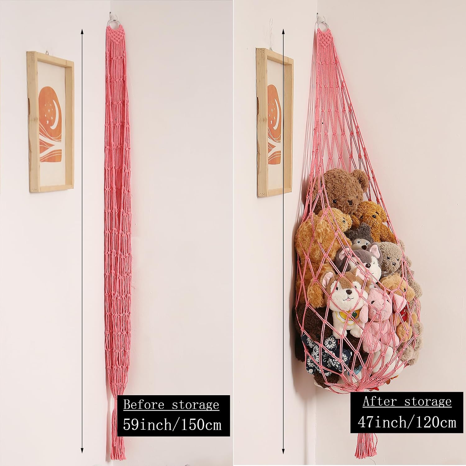 Stuffed Animal Net or Hammock Corner Hanging Net for Stuffy Animal Storage Macrame Toy / Pink / L