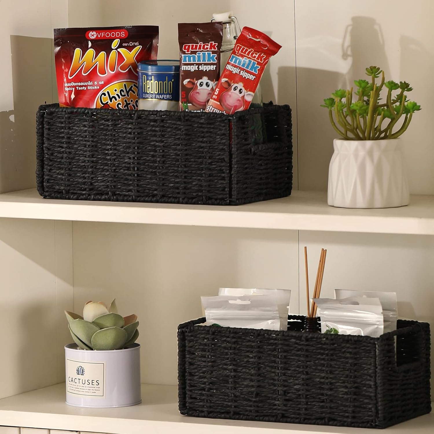 Wicker Storage Basket / Black / 11.2"D x 6.1"W x 4.8"H / Set of 2