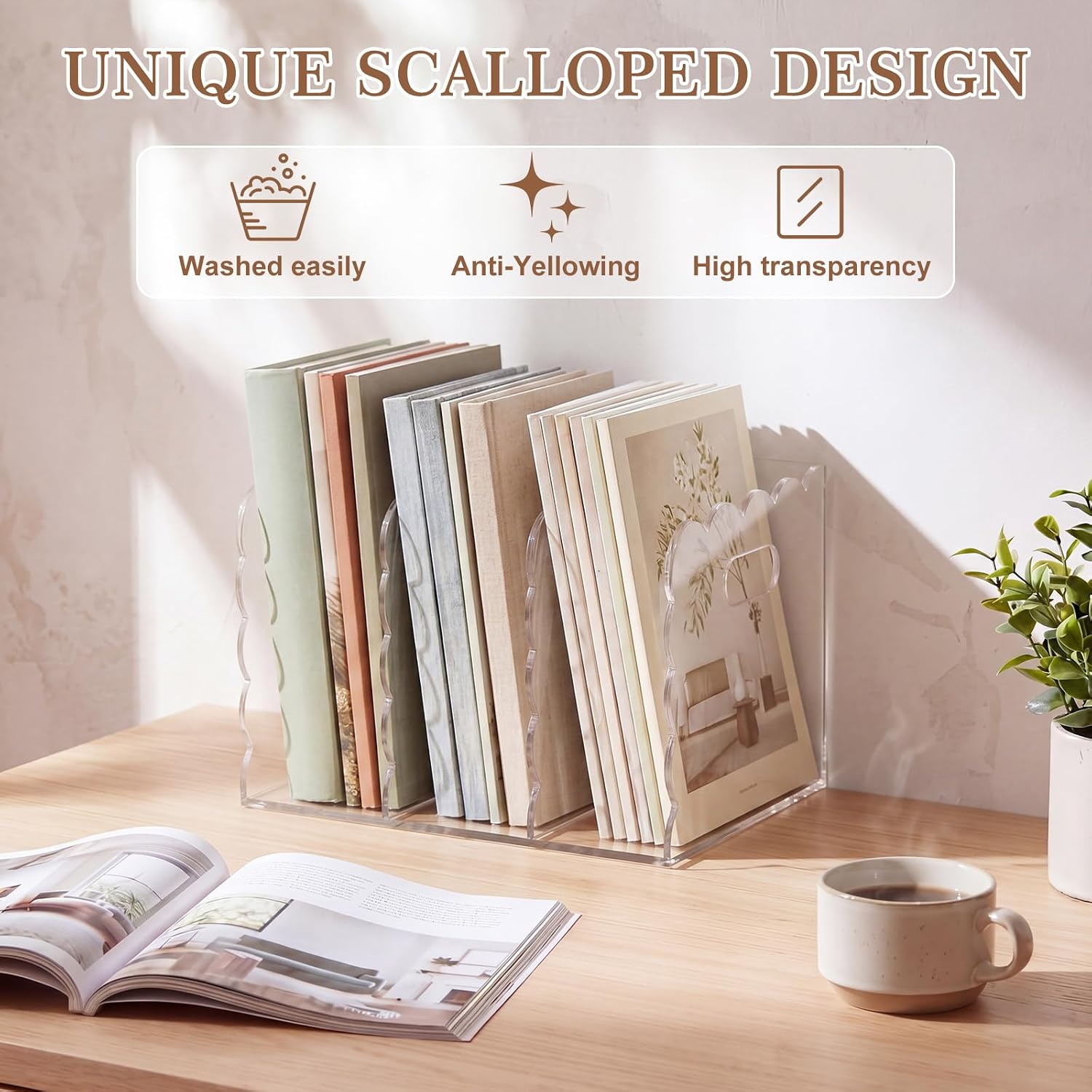Scalloped Magazine File Holder / Acrylic / 8.46 x 7.28 x 6.5 / Handle Cutout Style / Clear