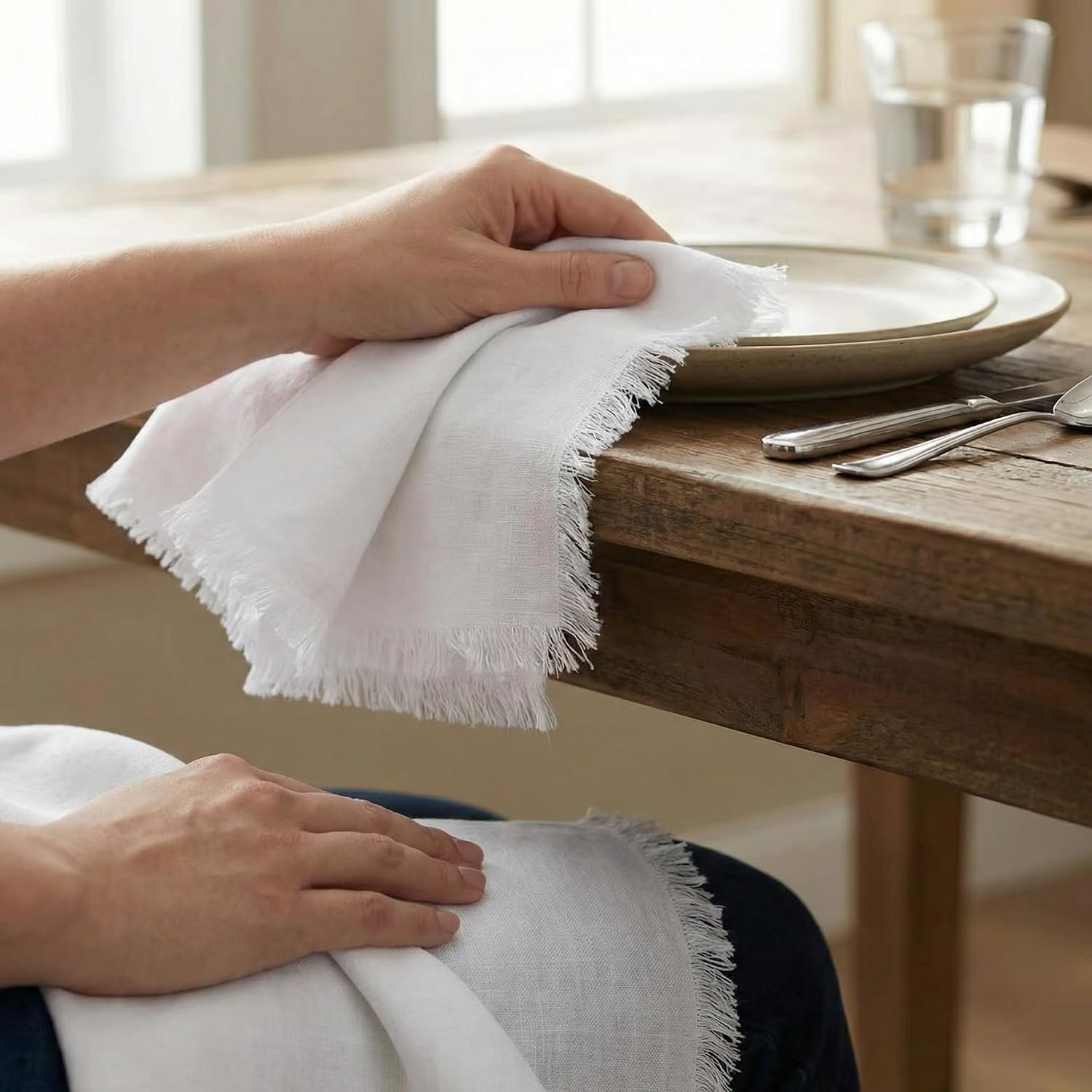 ACCENTHOME White Cotton Linen Napkin Set of 12 18x18 inch Dinner Napkins - Washable Soft Premium Hotel Quality Reusable