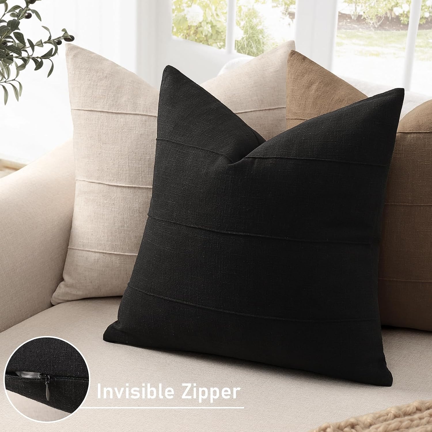 Decorative Linen Throw Pillow Covers Solid Handcrafted Striped Cushion / Black / 18 x 18 / Set of 2