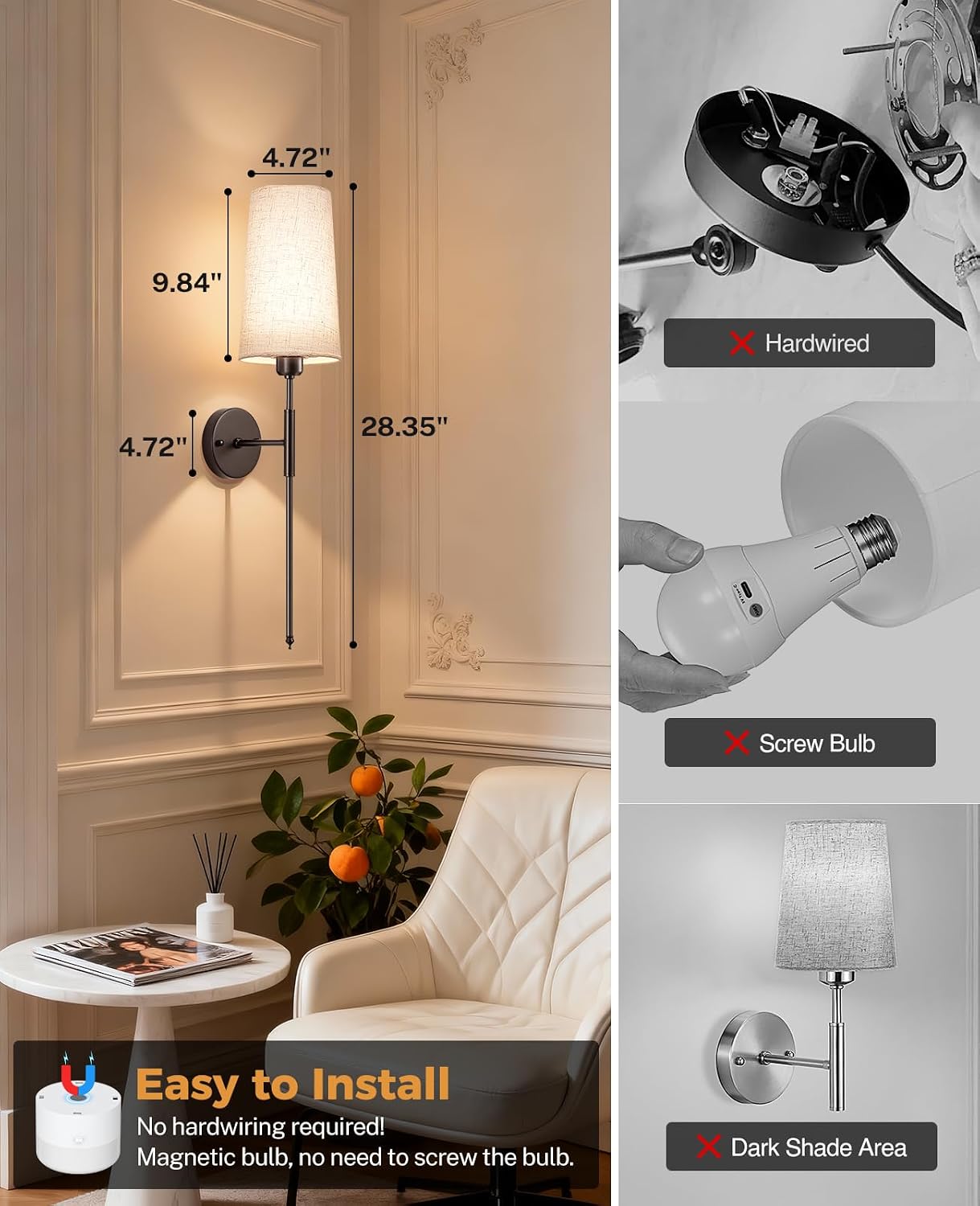 Battery Operated Wall Sconce Set of 2, 13000mAh Rechargeable Battery Powered Sconces with Remote Dimmable Fabric Shade