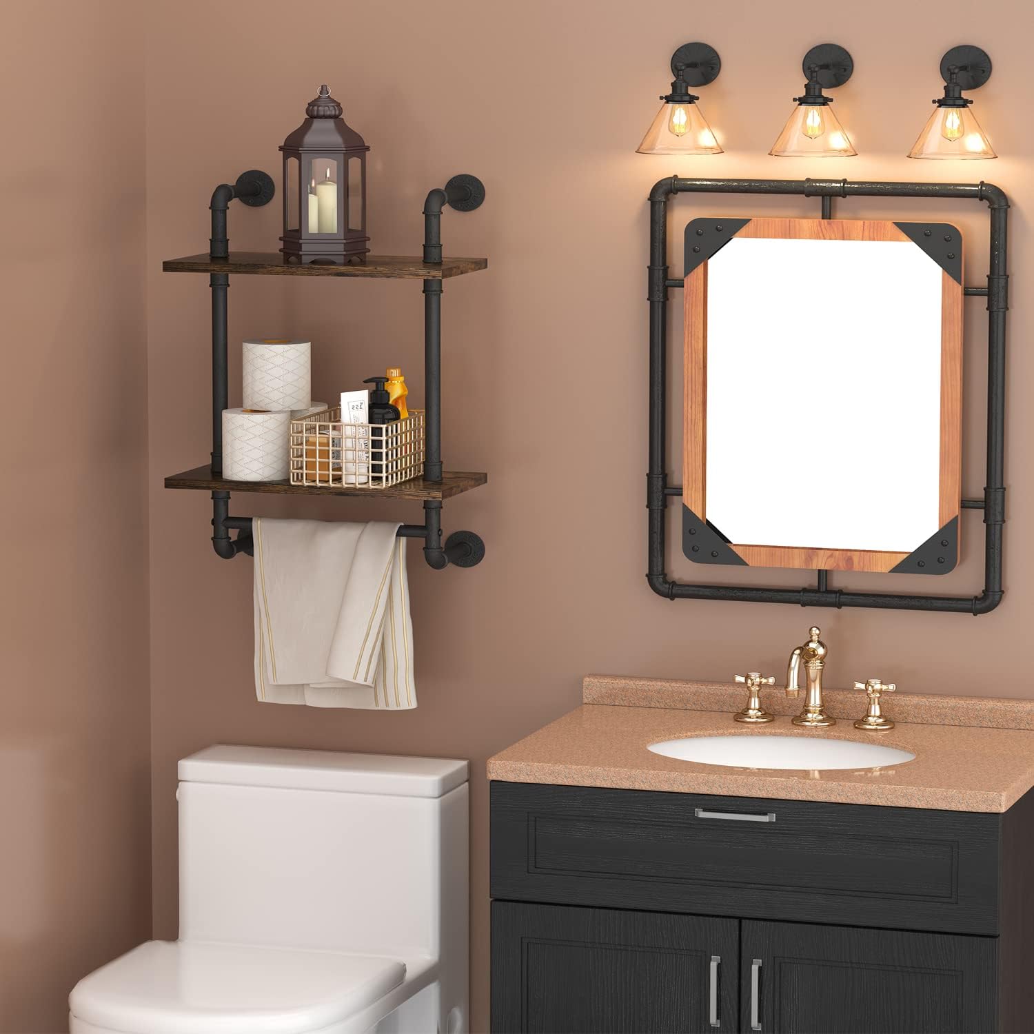 Helsin 2 Tier Industrial Pipe Floating Bathroom Shelves Wall Mounted with Towel Bar, Rustic Wood Wall Shelf, 16 Inch