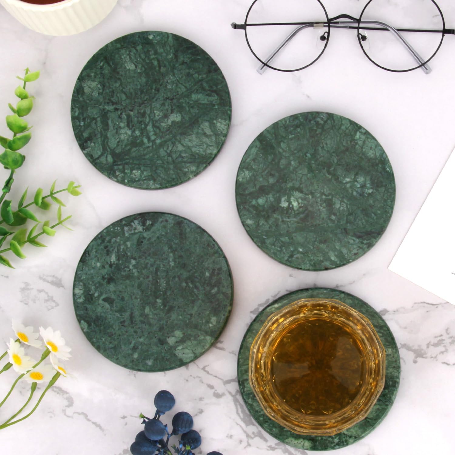 Natural Marble Coasters / Blackish Green / Round / 4 Inch / Set of 4