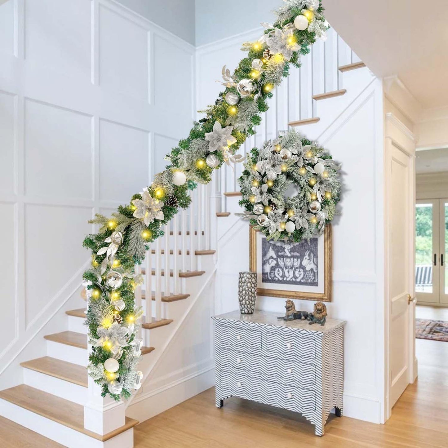 WANNA-CUL Pre-Lit 6ft Silver White Christmas Garland with 30 LED Lights | Frozen Winter Xmas Lighted Garland for Mantel