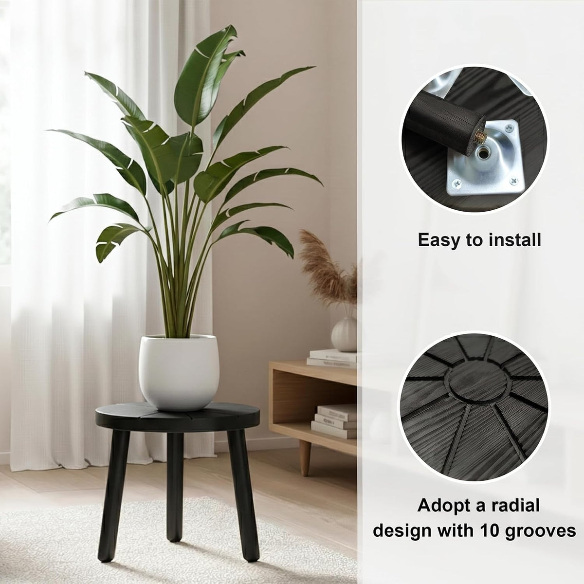 Wood Plant Stands 5-Pack Indoor, Plant Stool, Black | Premium carbonized pine with moisture-resistant, burr-free