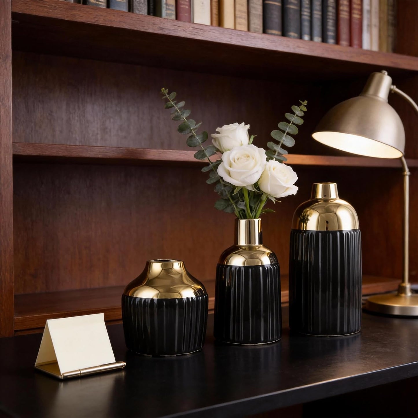 Gold Ceramic Vase 3-Piece Set / Bg / Black