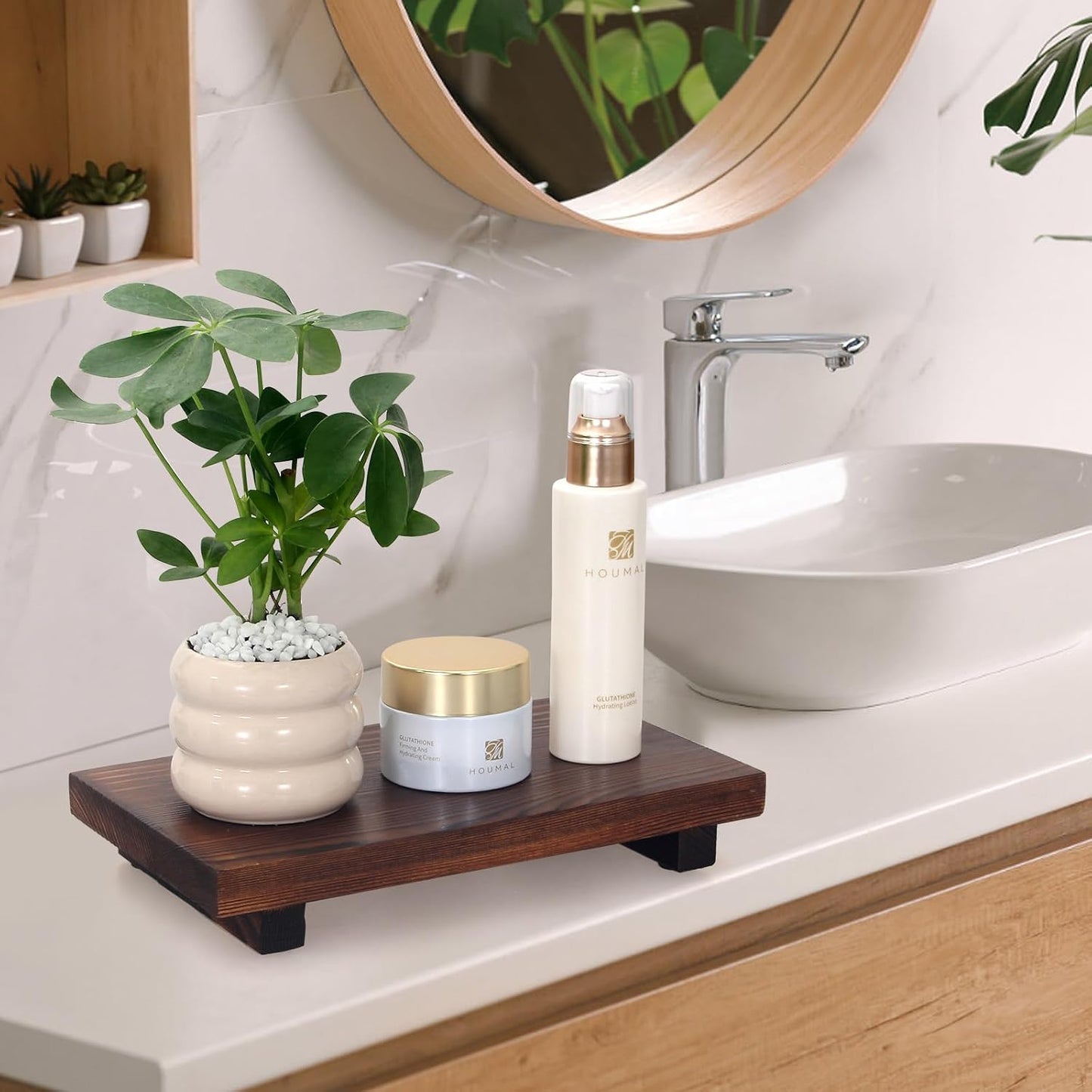 Farmhouse Bathroom Tray Organizer Wooden Riser Stand Wood Trays / Brown / 10 x 6 x 1.6
