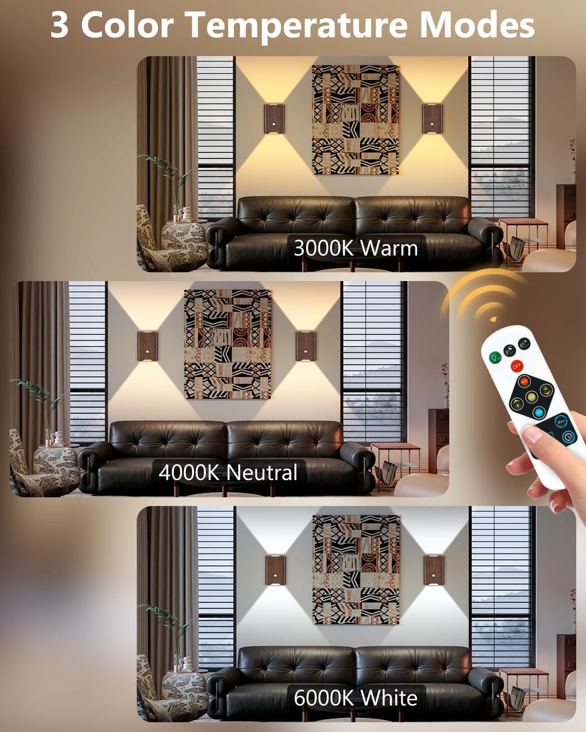 WERFOP Rechargeable Motion Sensor Wall Light Set of 2 (Walnut) | 5000mAh Wireless Battery Operated,3 Colors Up/Down