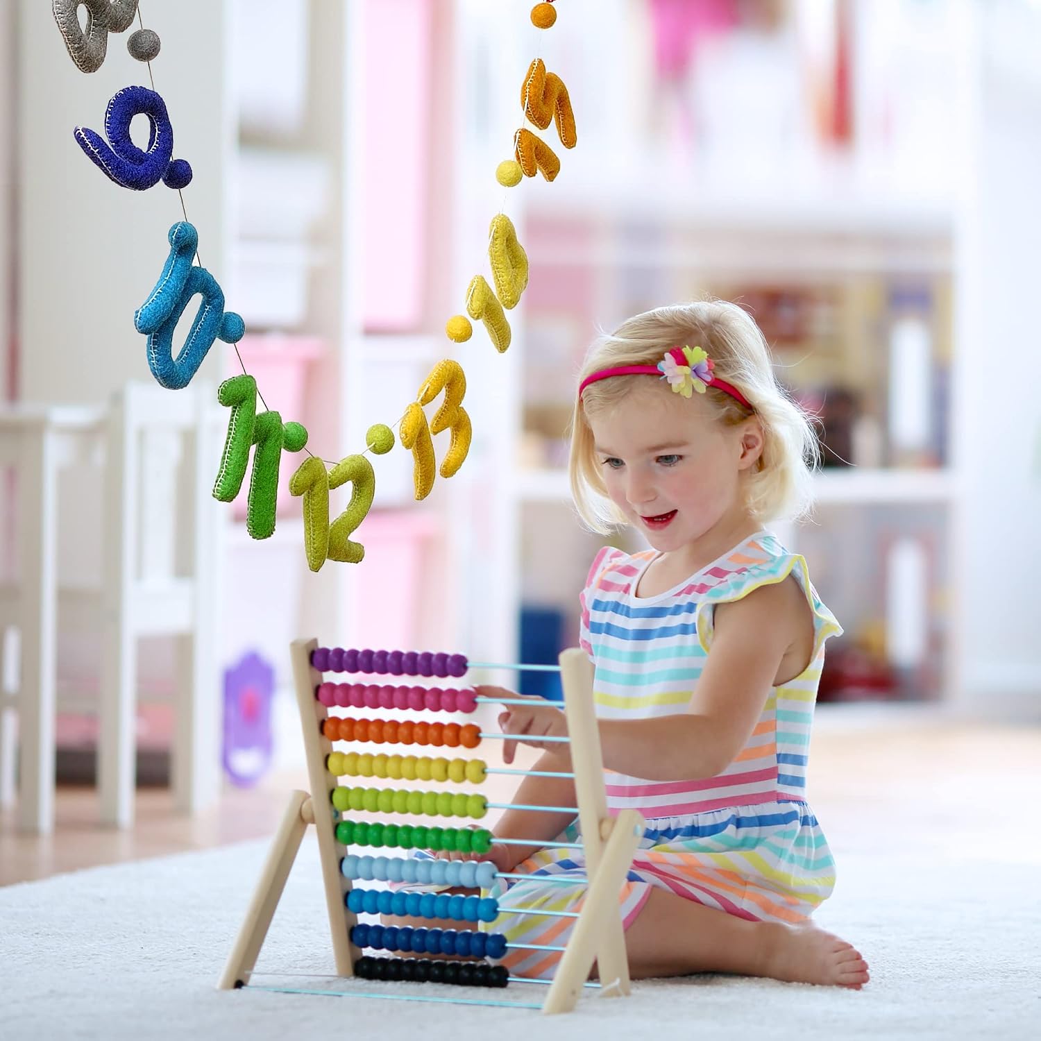 Glaciart One Numbers Garland - Natural Handmade Wool 123 Letters & Balls - Decorative Wall Decor for Classroom