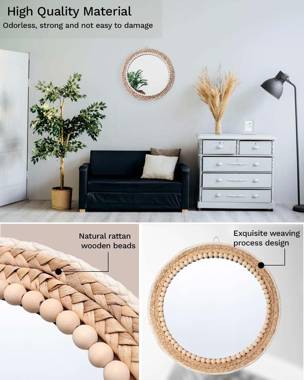 Boho Wall Mounted Round Mirror / 15 Inch