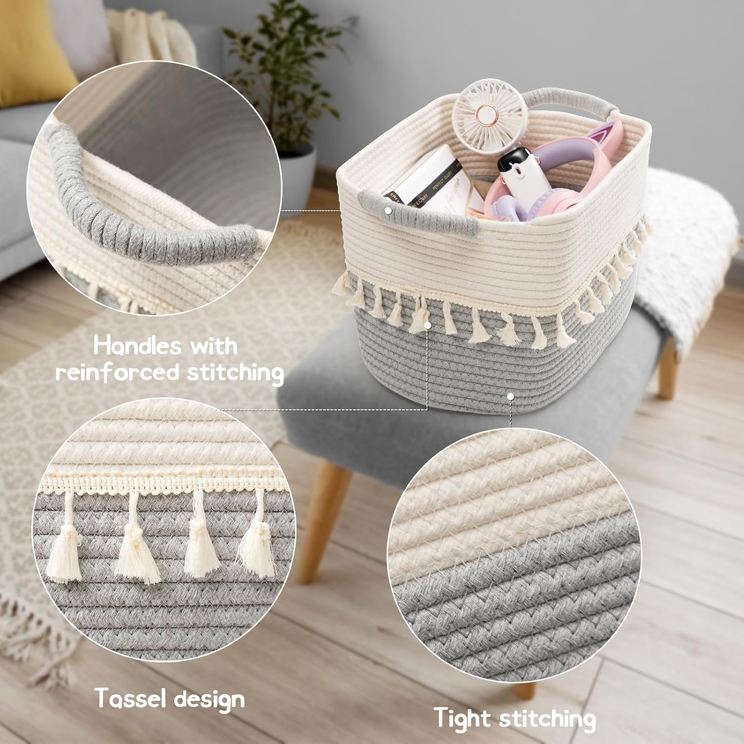 Decorative Basket / Cotton Rope Baskets for Toy / White & Dark Grey / Set of 3