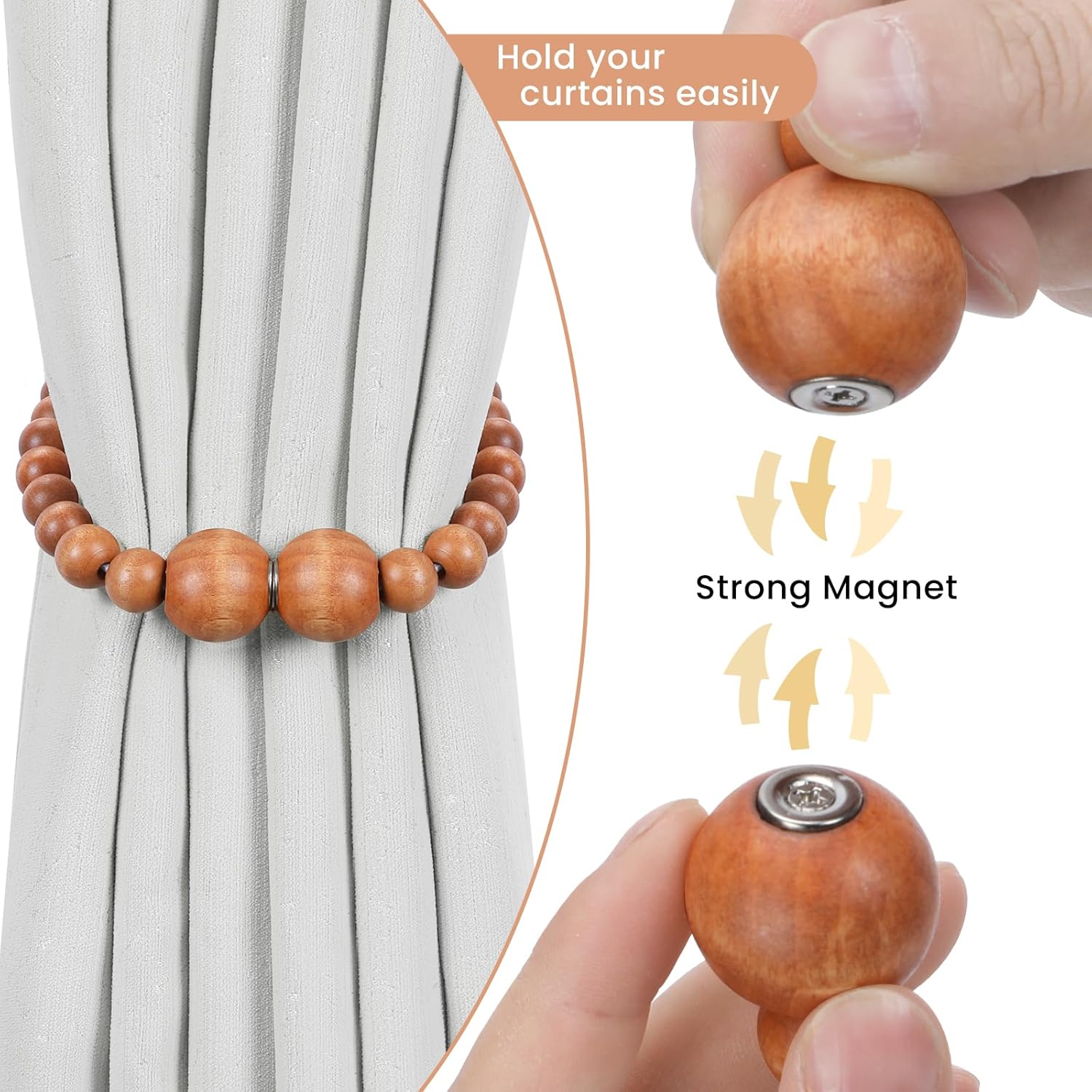 KLOGTSIND Magnetic Curtain Tiebacks, 6 Pack Wood Bead Curtain Holdbacks | Curtain Holders for Bedroom Decor, Boho Room