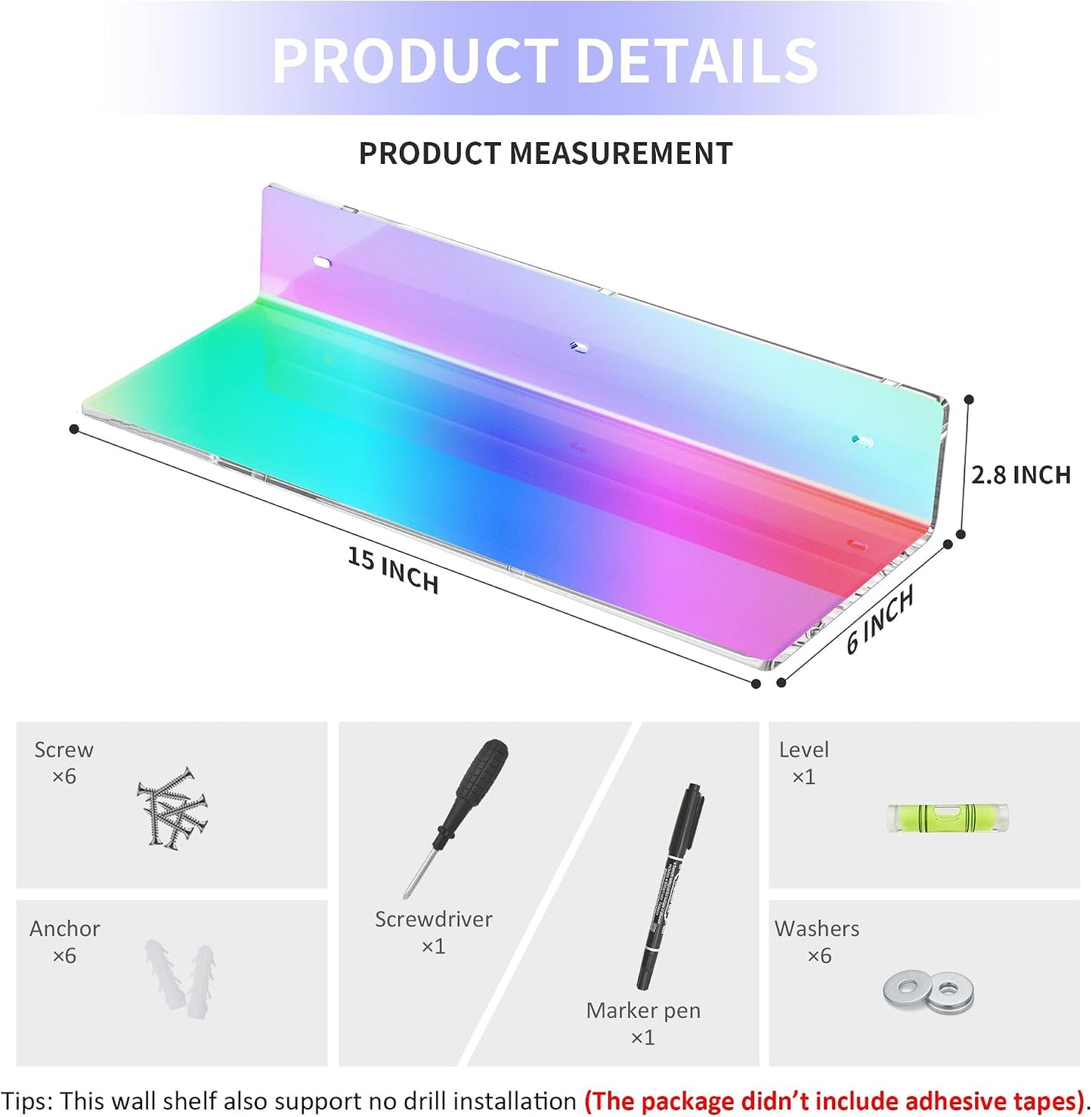 Sezanrpt 2 Pack Iridescent Acrylic Floating Shelves 15 Inches, Wall Hanging Bathroom Shelves, Wall Storage Shelf for