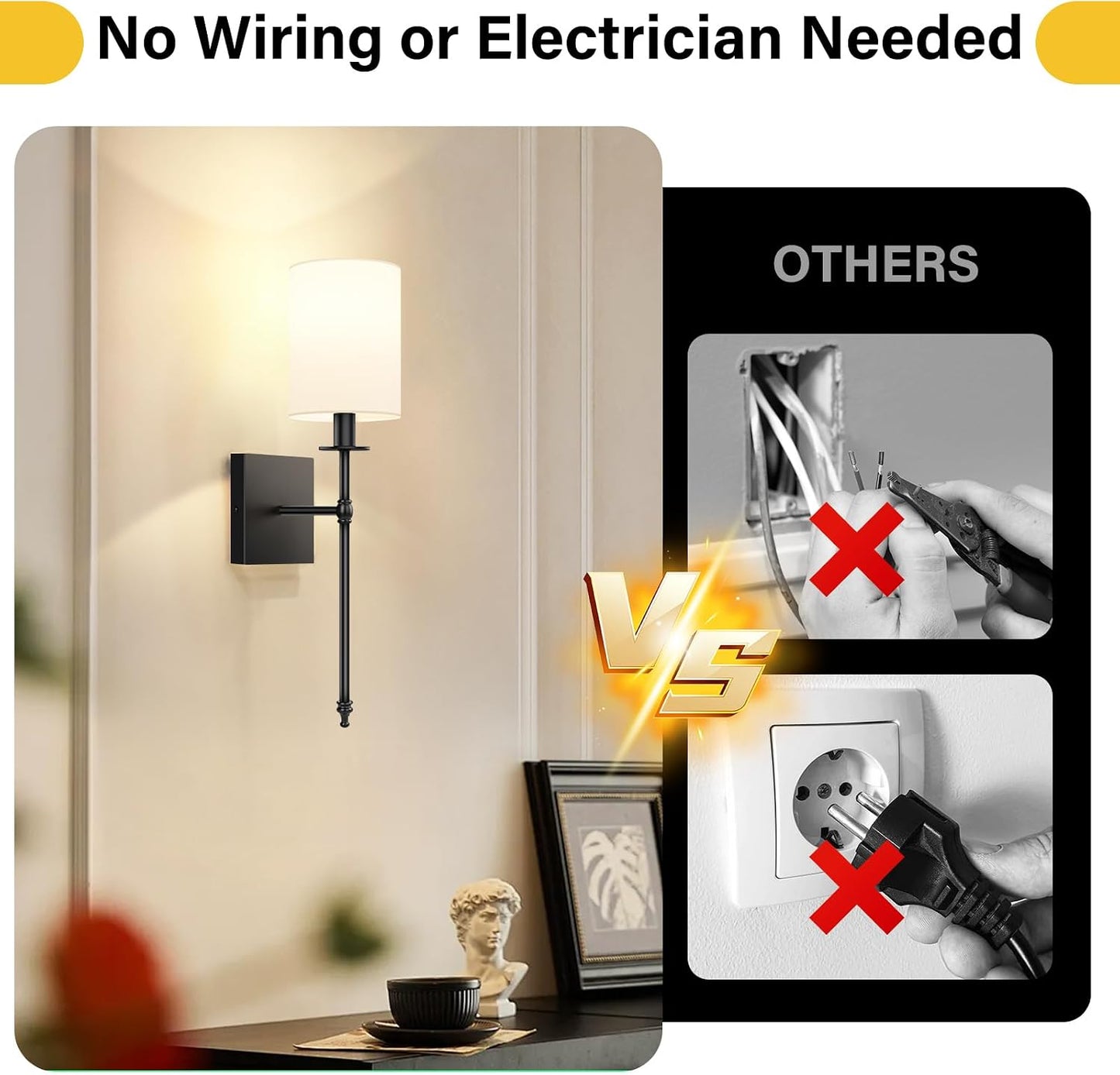 19 Inch Black Battery Operated Wall Sconces Set of 2, Rechargeable Wireless Wall Lights with Remote & White Fabric
