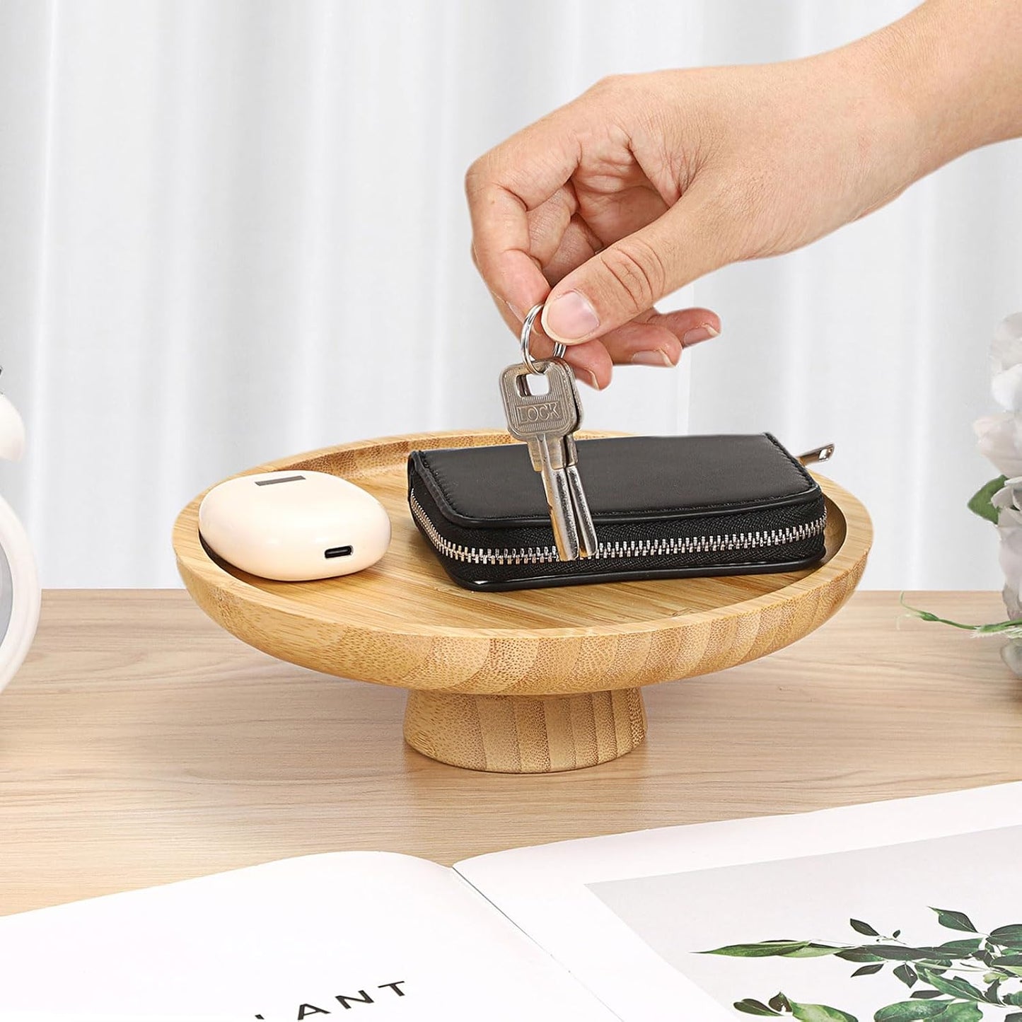 Key Bowl for Entryway Table Wooden Fruit Bowl Small Pedestal Bowls / 7.9 Inches / Natural Color