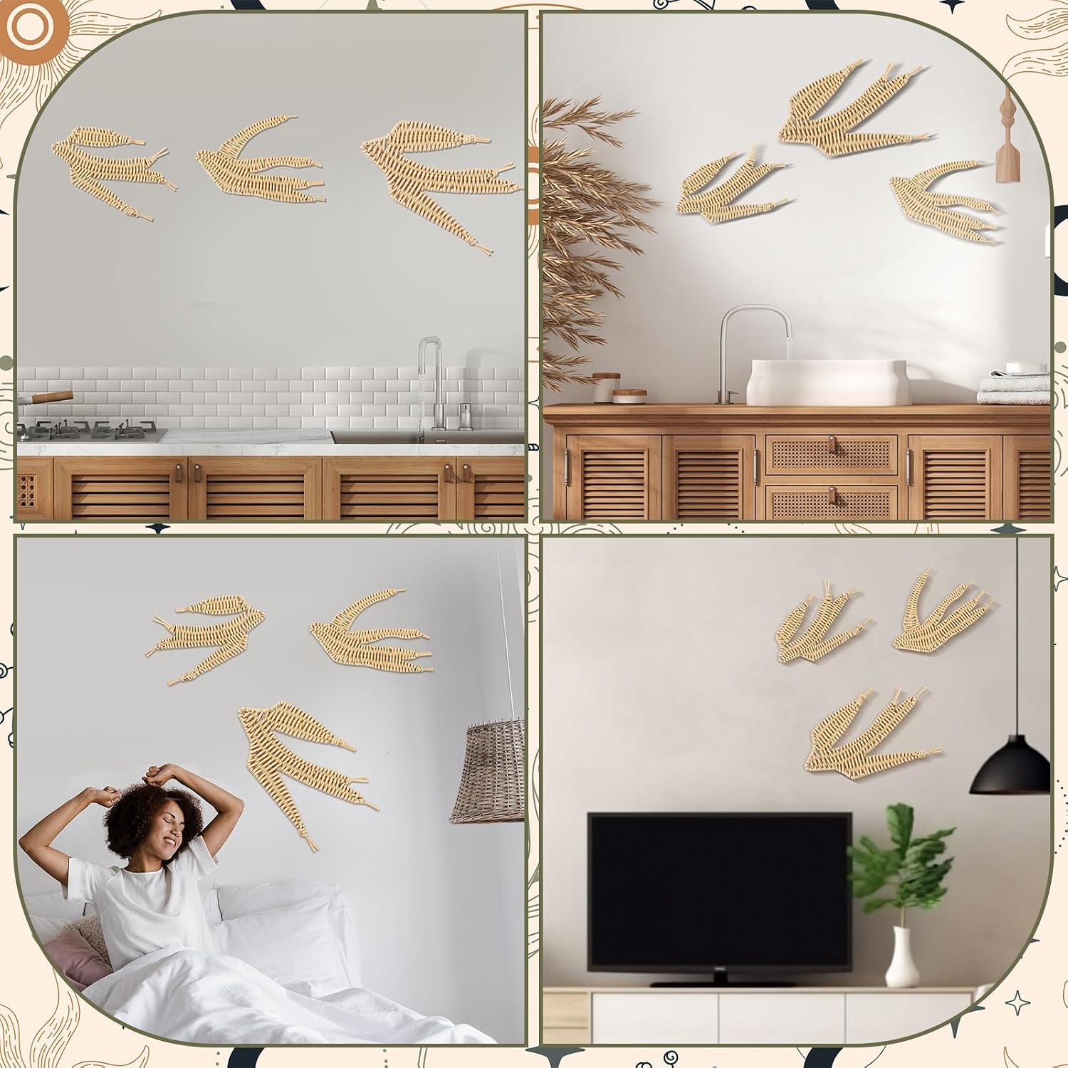 Spring Boho Rattan Wall Decor Set Handmade Wicker Flying Birds / Bird / Set of 3