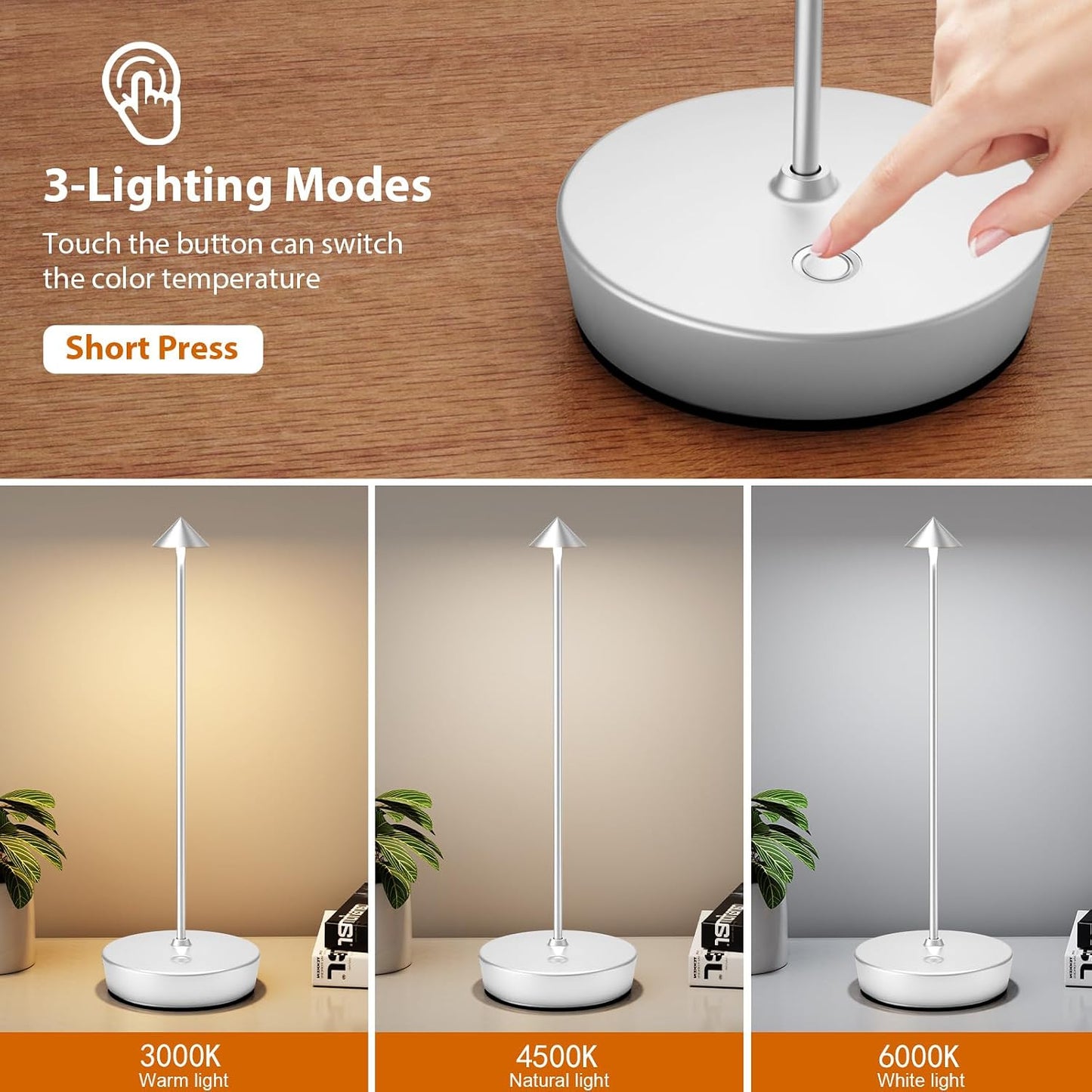 2Pack Rechargeable Cordless Table Lamp, Portable Powered LED Battery 6000mAh Metal USB Desk Lamp, 3 Levels Brightness
