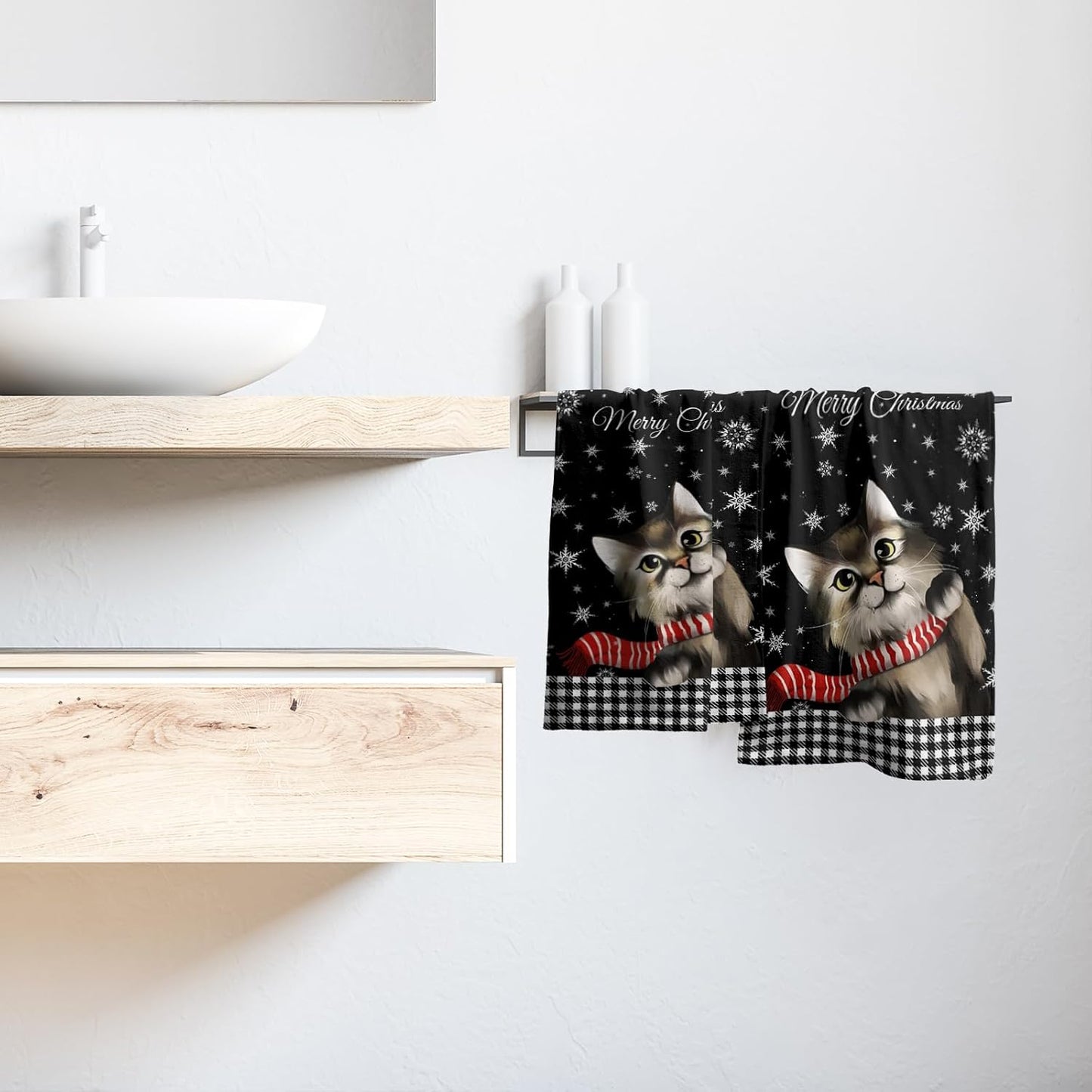 Giwawa Christmas Black Cat Hand Towels Winter Snowflake Dish Fingertip Towels Set of 2 Absorbent Face Towels for