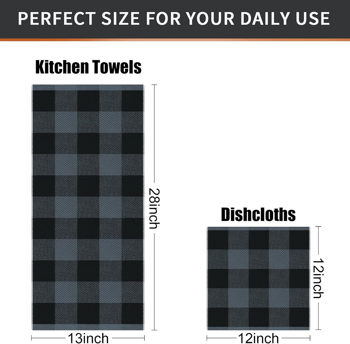 Mordimy 8 Pack Kitchen Towels and Dishcloths Set, Black & Grey | 28 X 13 Inch and 12 X 12 Inch, Super Soft