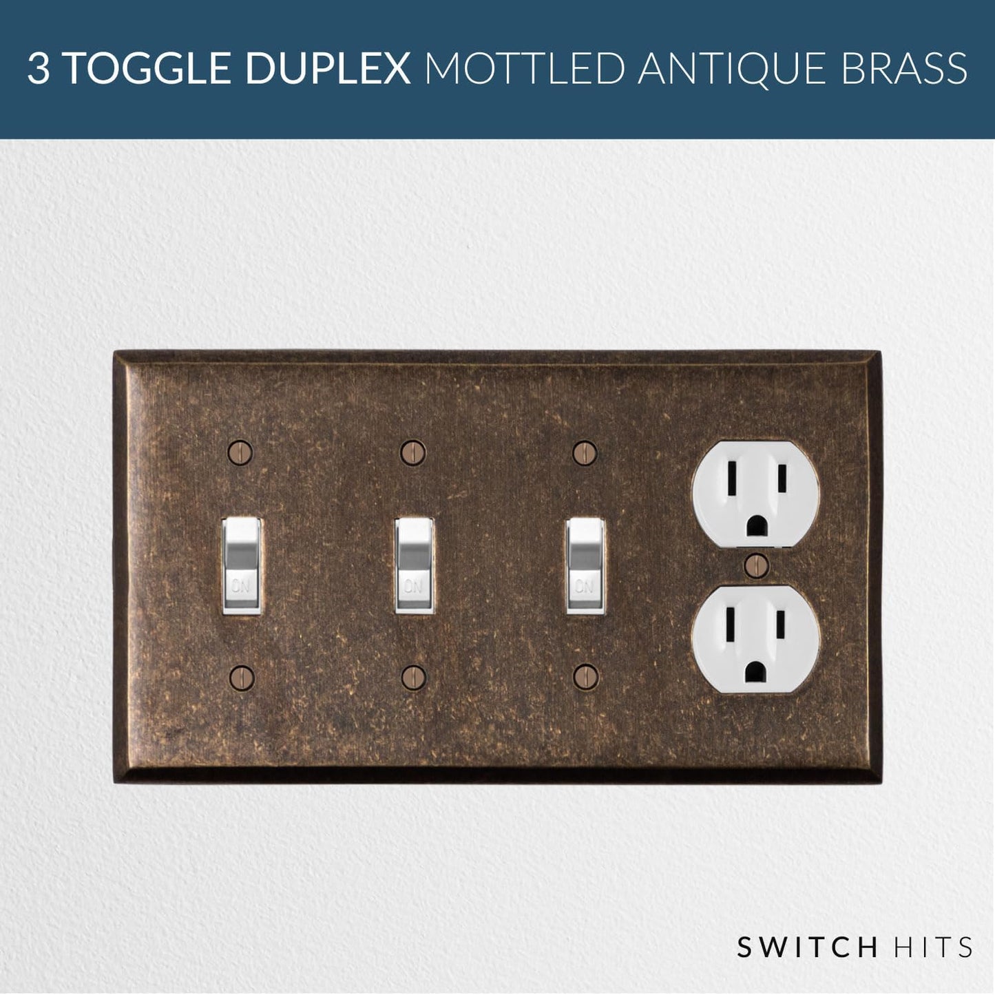 Triple Light Switch Plate Outlet Cover GFCI Wall Plate | 3 Toggle - 1 Duplex Mottled Antique Brass Electrical Faceplate