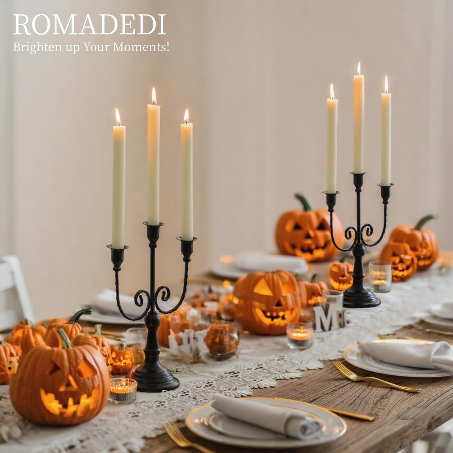 Romadedi Halloween Candelabra, Black 3-Arm Candle Holders, Set of 2 | Metal Taper Candlestick Holder for Mantel, Dining