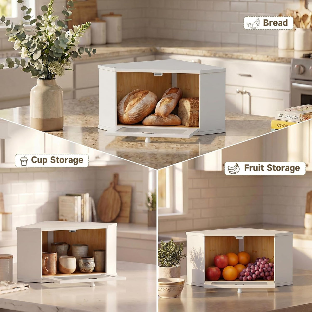 Corner Bread Box For Kitchen Countertop,Bread Storage Bin (White, Medium) | Small Bamboo Bread Container,Corner Shelf