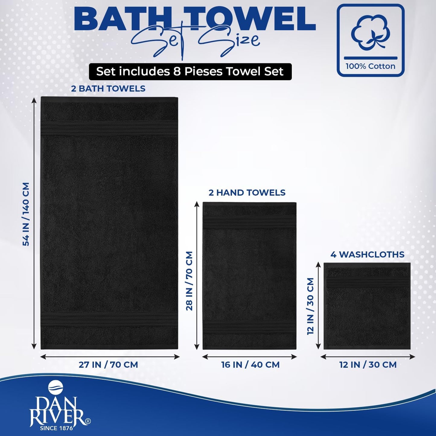 DAN RIVER 8 Piece Luxury Bath Towels for Bathroom, Towel Set, Black | 2 Bath towels, 2 Hand towels, and 4 Wash Cloths