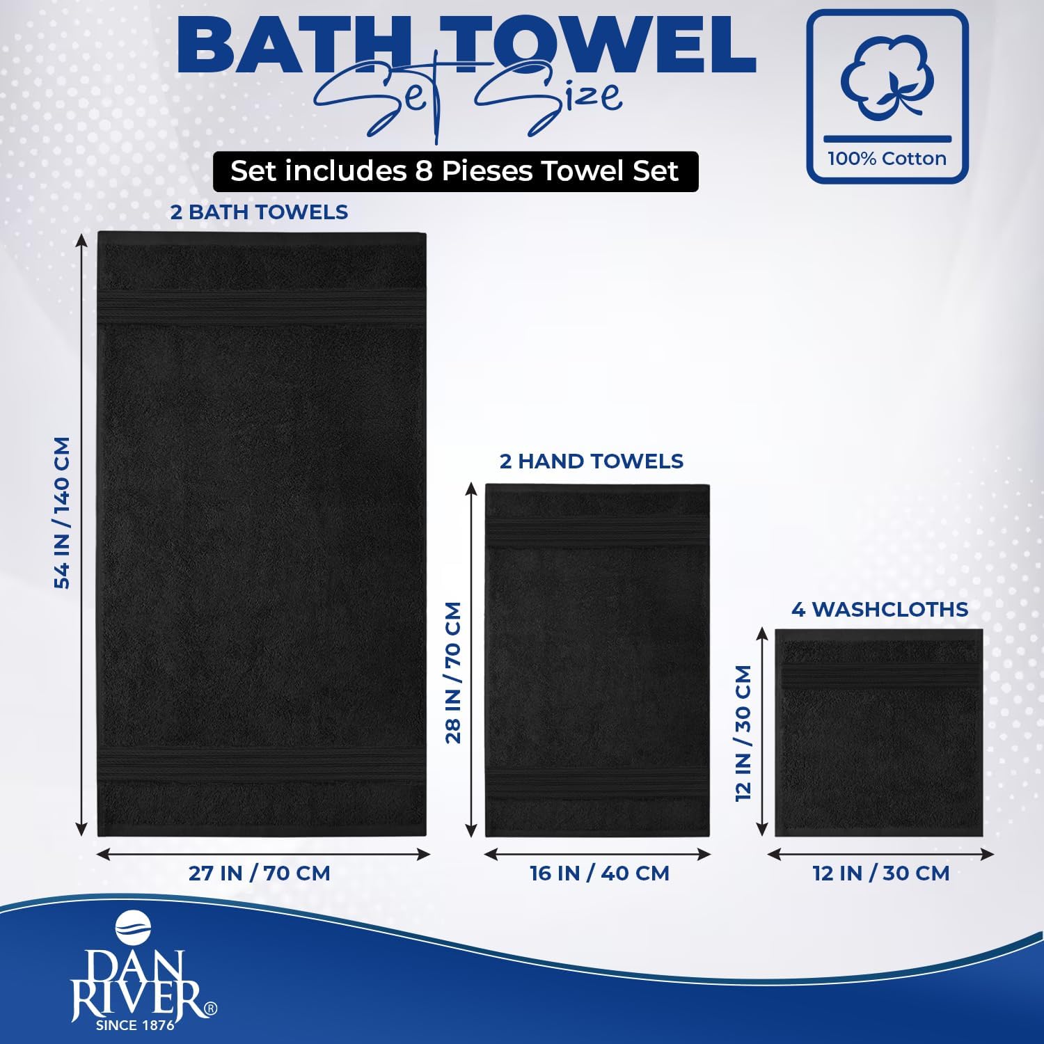 DAN RIVER 8 Piece Luxury Bath Towels for Bathroom, Towel Set, Black | 2 Bath towels, 2 Hand towels, and 4 Wash Cloths
