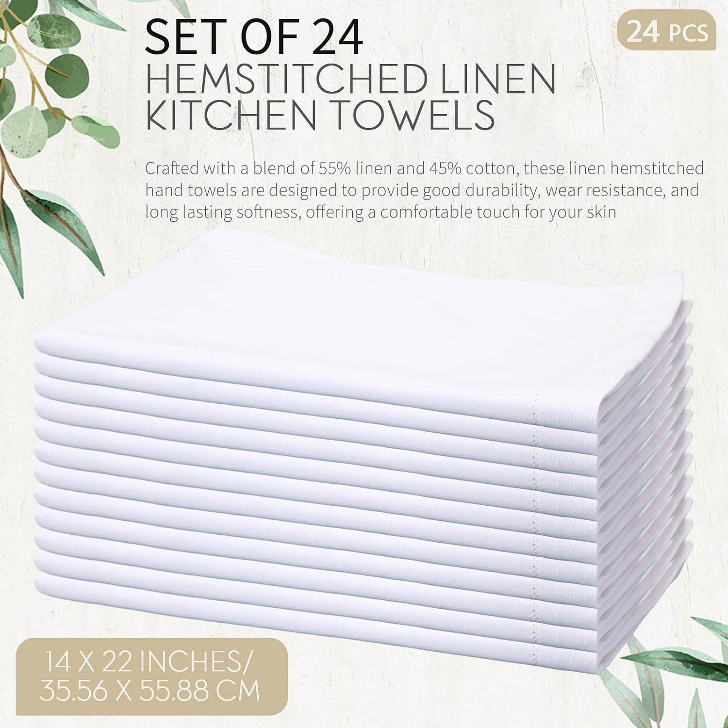 Mixweer 24 Pcs 14" x 22" White Linen Hemstitched Hand Towel Linen Tea Towels for Embroidery Dish Towels for Bathroom