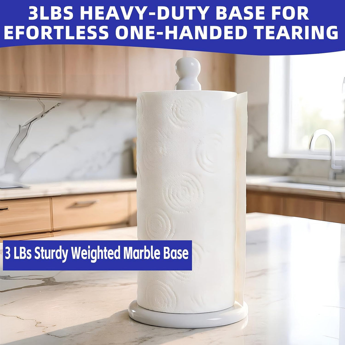 Premium White Marble Paper Towel Holder for Kitchen Countertop, Heavy Duty Freestanding Paper Towel Stand with 3 Lbs