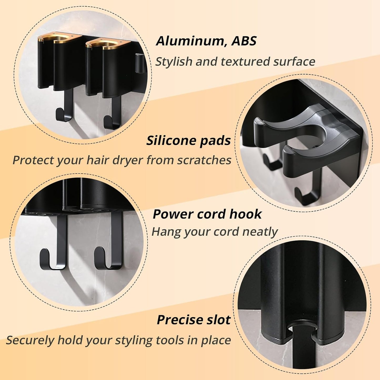 Wall Mount Hair Tool Organizer, Black with Gold Accents | Aluminum Alloy & ABS, 3-Compartment Holder for Hair Dryer