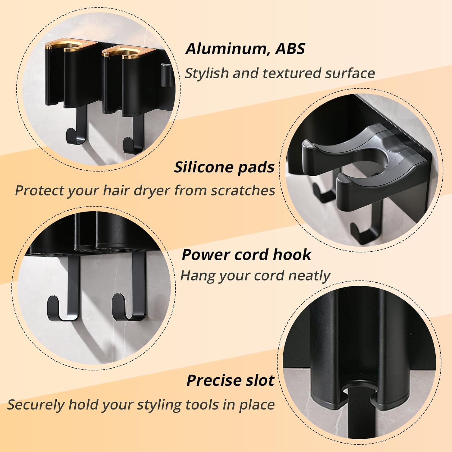 Wall Mount Hair Tool Organizer, Black with Gold Accents | Aluminum Alloy & ABS, 3-Compartment Holder for Hair Dryer