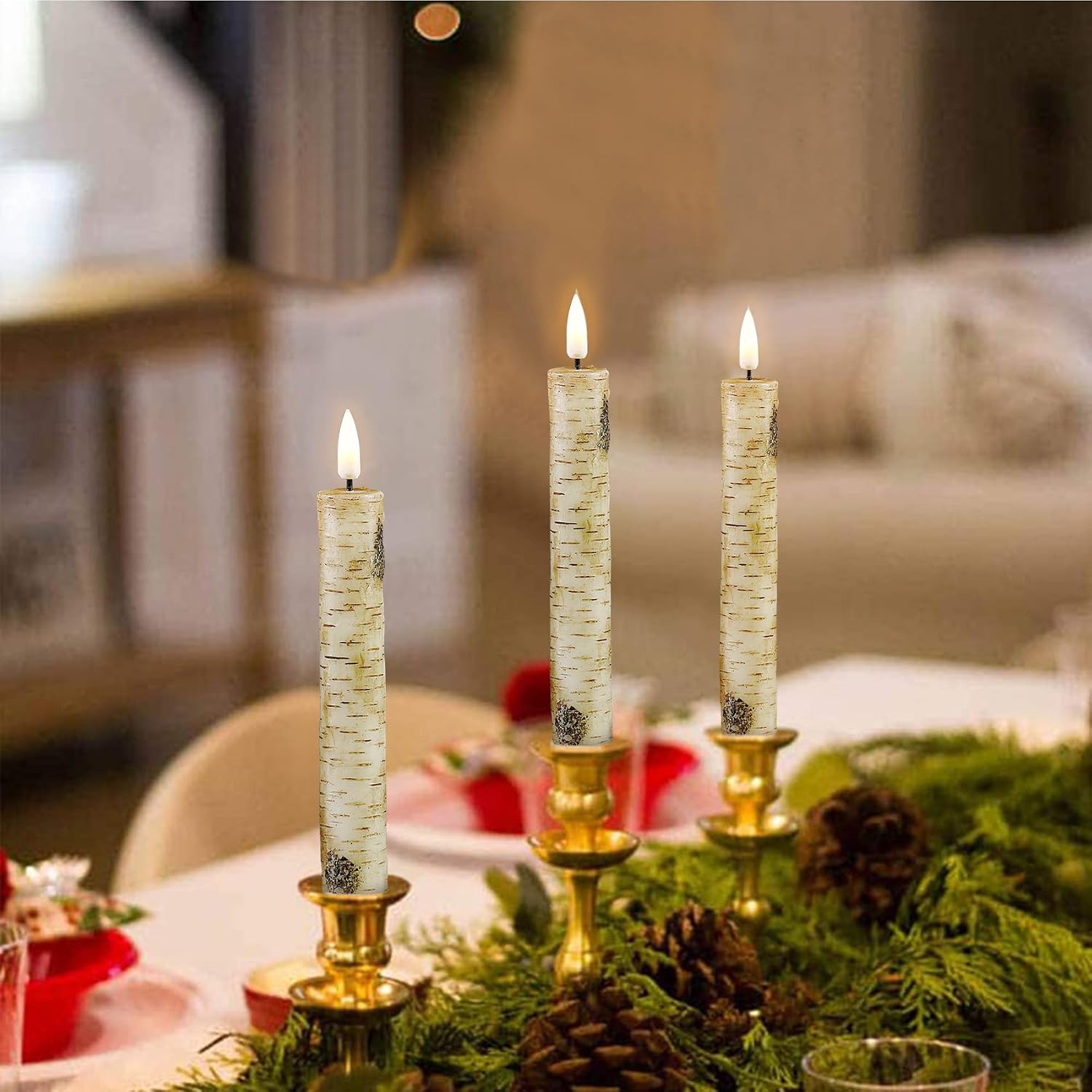 Short Birch Bark Flameless Taper Candles with Remote Set of 6 | Flickering Wood LED Candlesticks, Real Wax Coating, 2