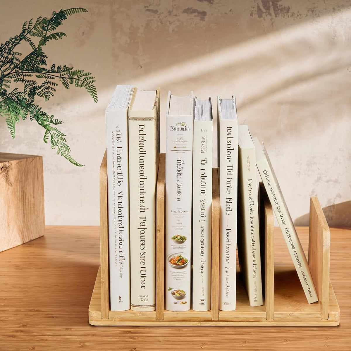 Cook Book Organizer,Bamboo Cookbook Stand for Kitchen Counter with 4-Slot,Sturdy Recipe Book Holder Stand for