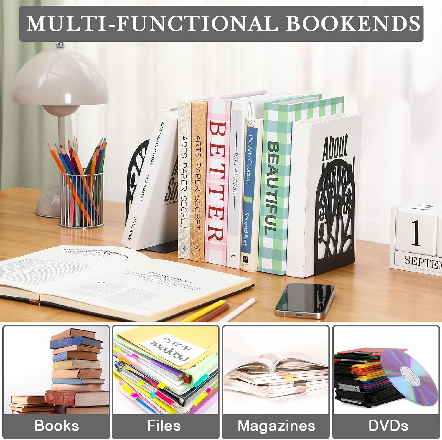Metal Bookends / Tree and Flower Book Stoppers / Classic / Black