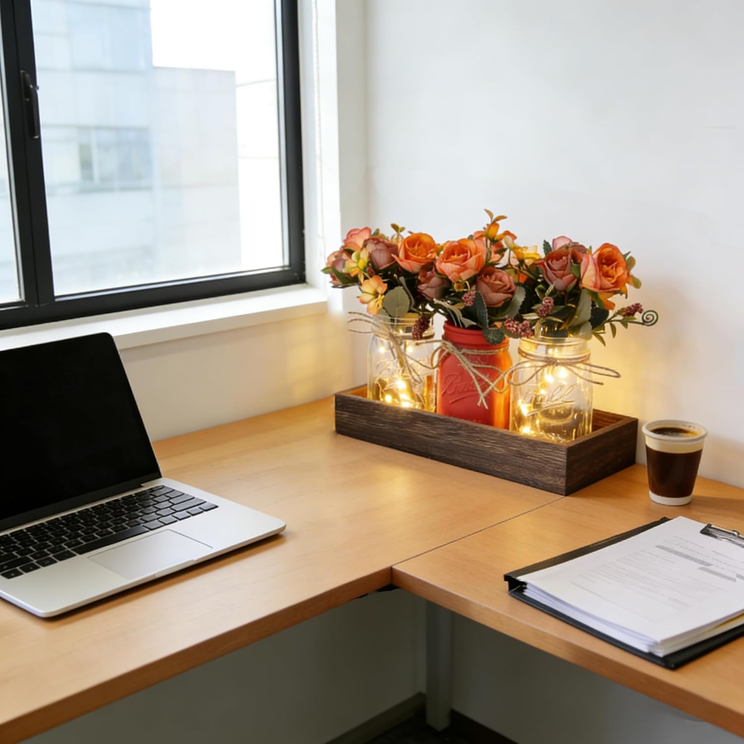 Wood Tray & 3 Artificial Flowers
