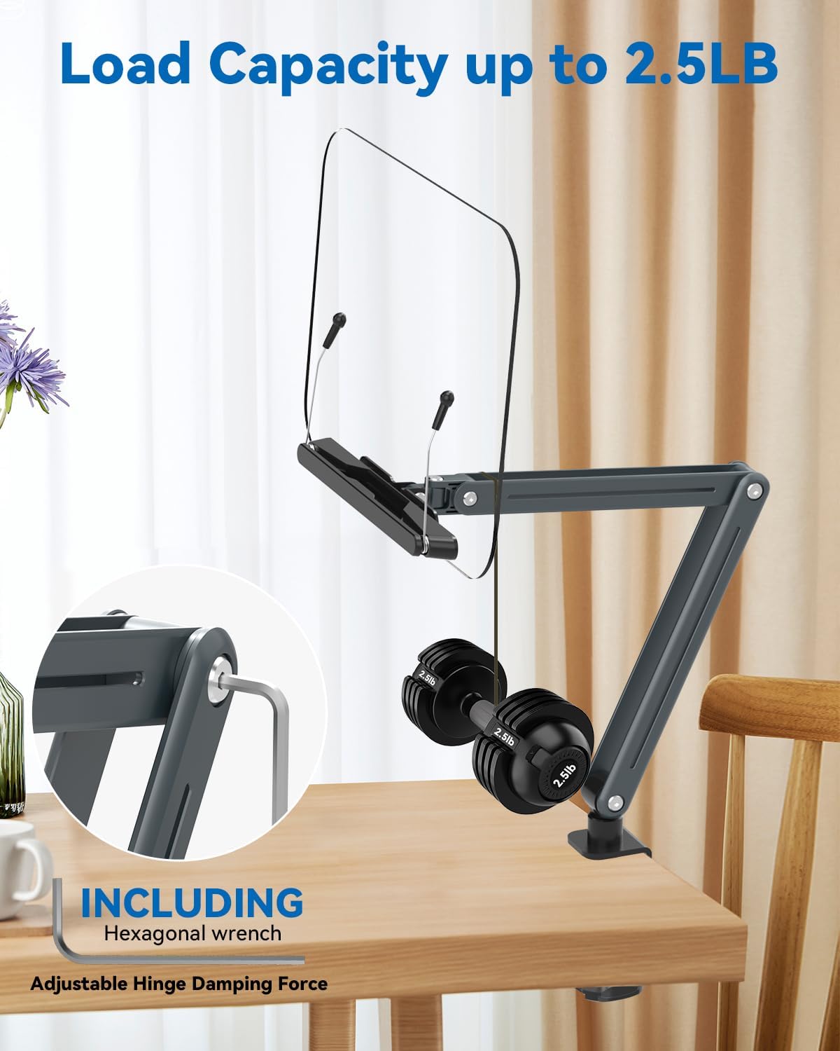 Desk Clamp Acrylic Book Stand for Reading, Ergonomic Design Adjustable Height up to 20 inches with Rotating Bases