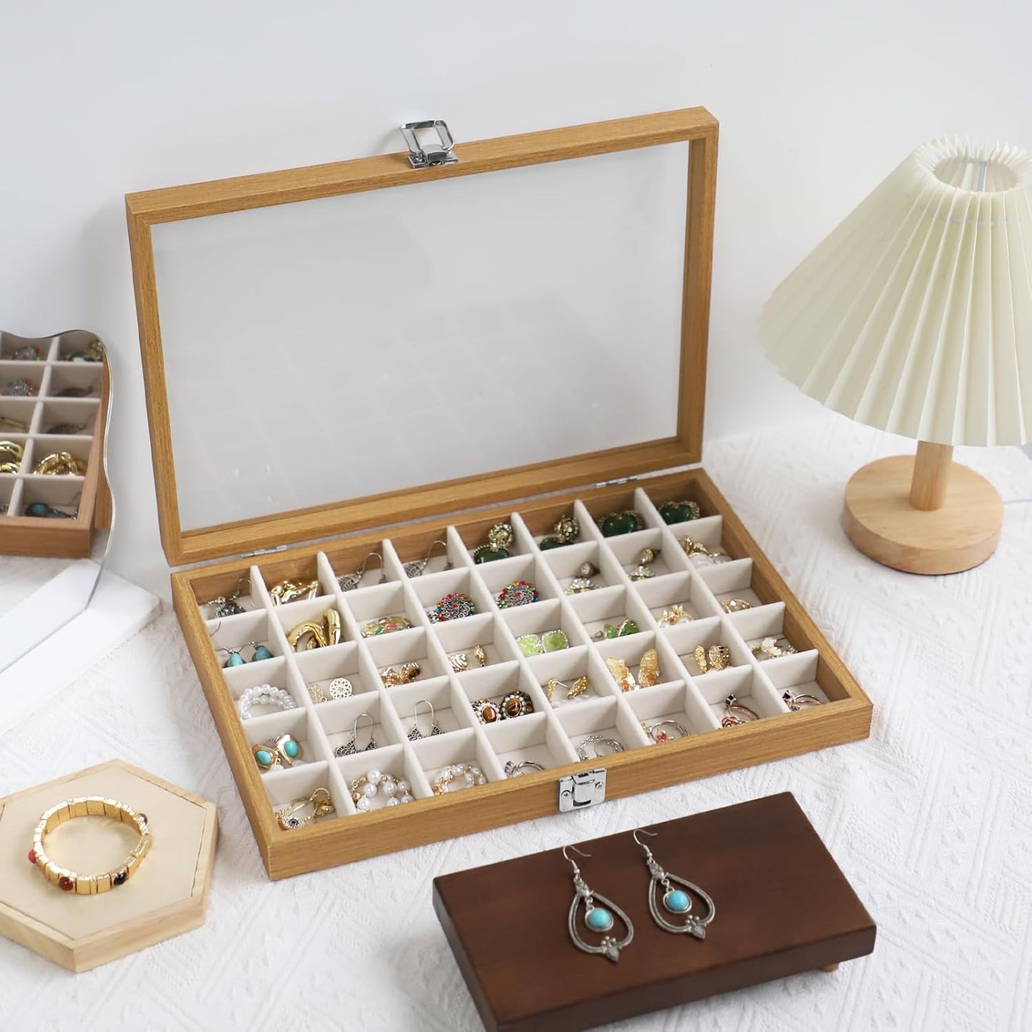 40 Grid Wood Jewelry Organizer / Beige / Set of 40