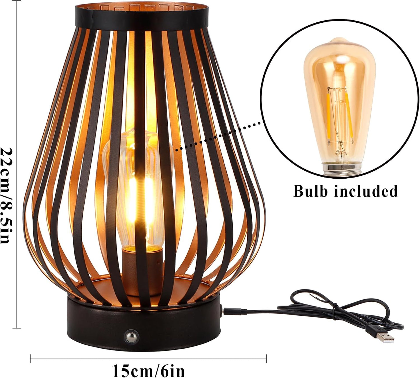 JHY DESIGN Dimmable Touch Bedside Table Lamp 8.5''H Rechargeable Battery Powered Lamp with LED Edison Style Bulb
