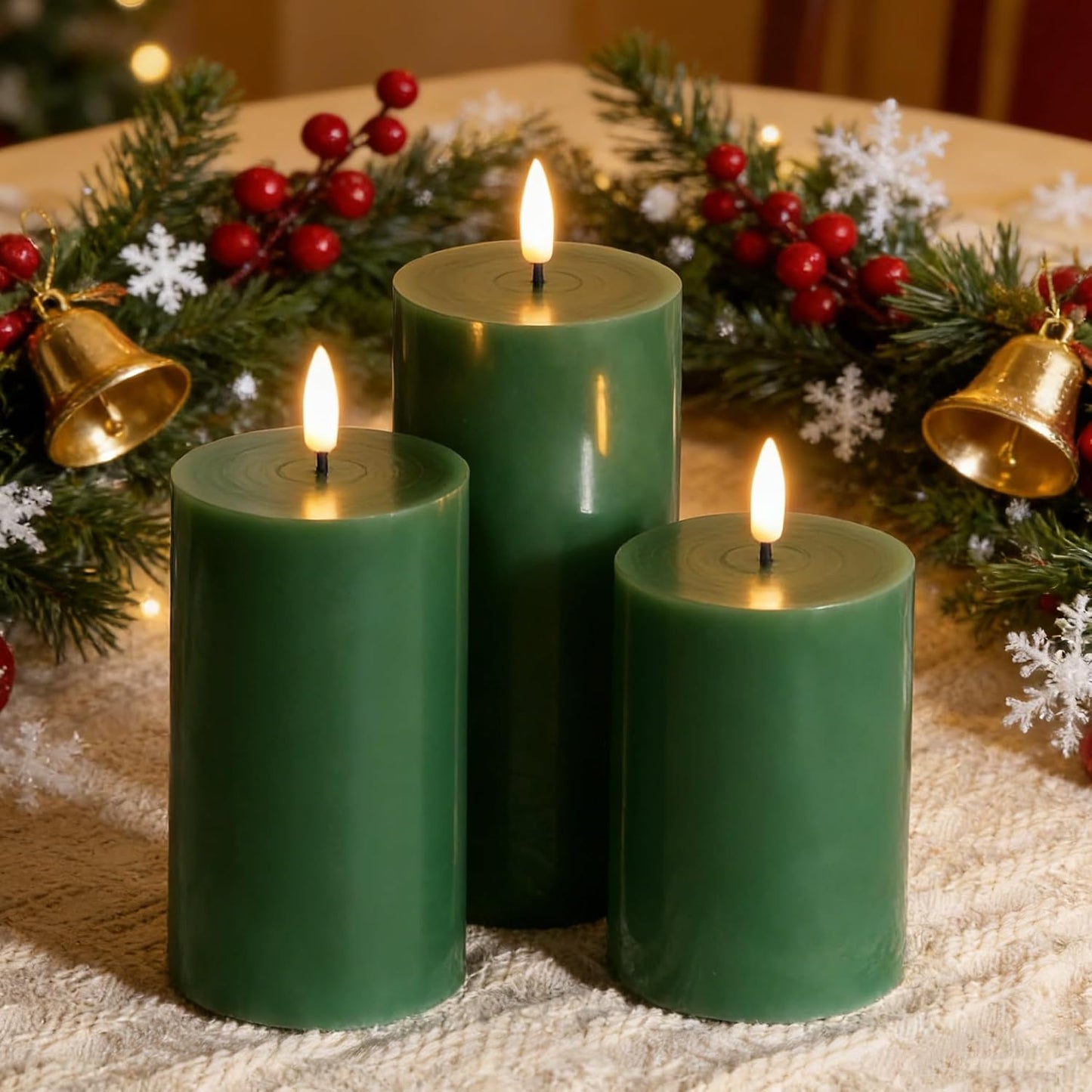 Dark Green Flameless Pillar Candles with Remote Set of 3 | Flickering LED Wax Candles, Flat Top, 2 AA Battery Power
