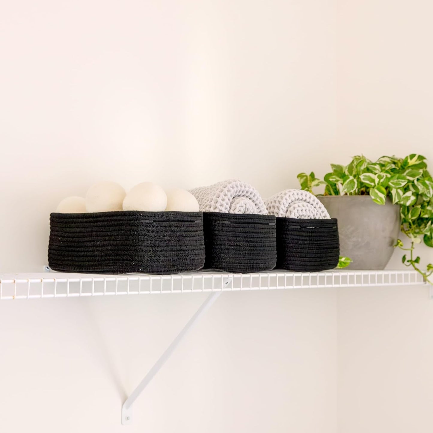 Cotton Rope Woven Small Baskets for Organizing / Black / 11.8 x 8 x 4.5 / Set of 3