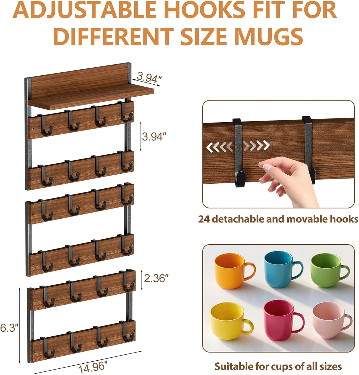 Mug Rack for Wall, Coffee Cup Holder Wall Mount with 24 Adjustable Hooks | Coffee Mug Holder with Top Display Shelf for
